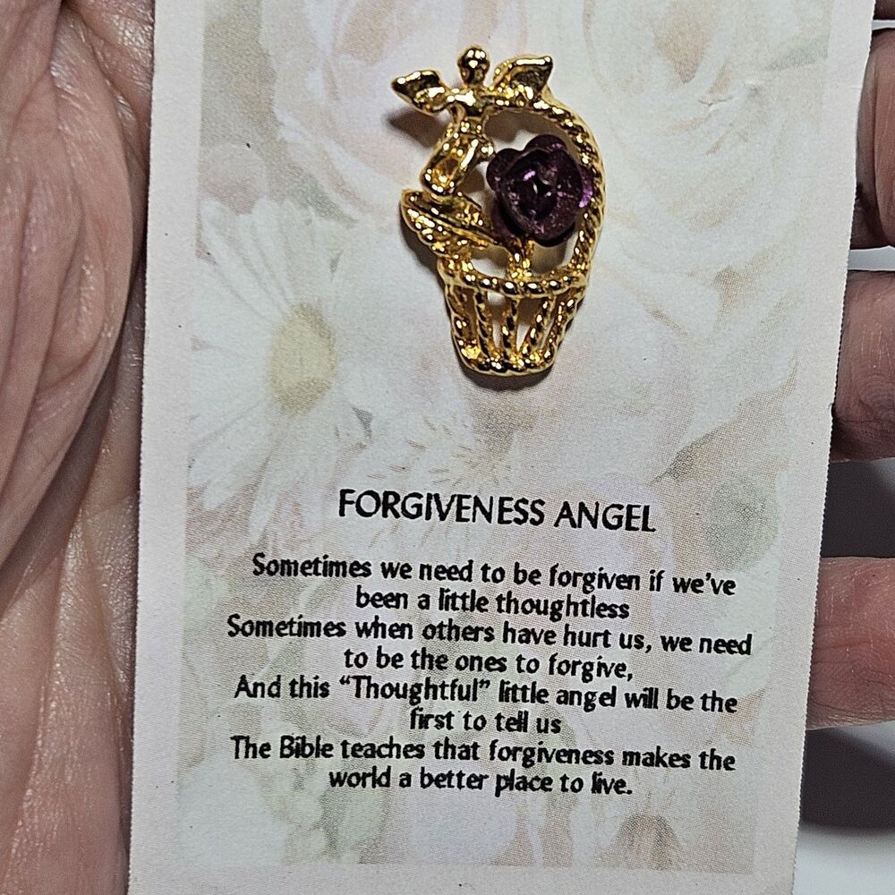 Gold Tone Forgiveness Angel Red Flower Pin With A Beautiful Thoughtful Message